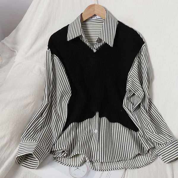 autumn stitching knitted fake two-piece blouse patchwork women single-breasted turn-down collar striped shirt female gx1160, White
autumn stitching knitted fake two-piece blouse patchwork women single-breasted turn-down collar striped shirt female gx1160, White