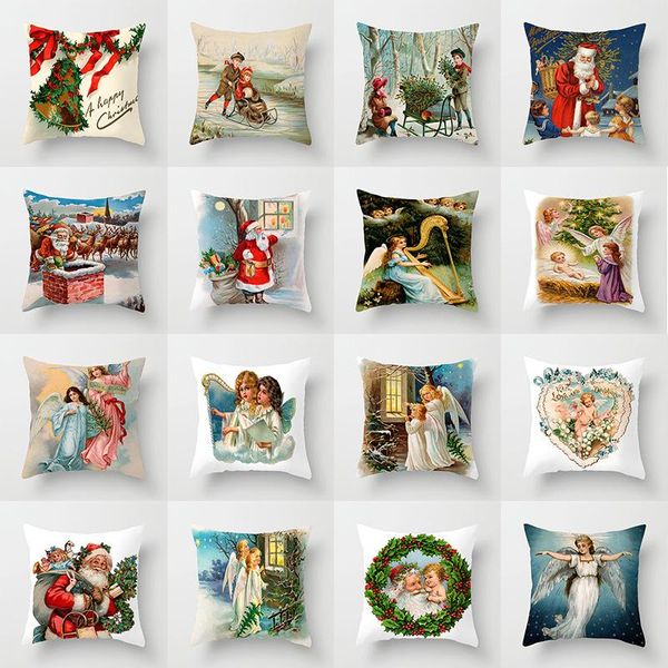 

new christmas angels santa claus cushion cover polyester vintage oil painting angels pillow covers sofa chairs throw pillows
