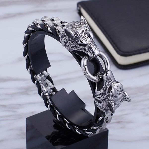 link, chain viking teen wolf head charm stainless steel buckle clasp genuine leather braided punk men bracelet gothic fashion jewelry, Black
link, chain viking teen wolf head charm stainless steel buckle clasp genuine leather braided punk men bracelet gothic fashion jewelry, Black