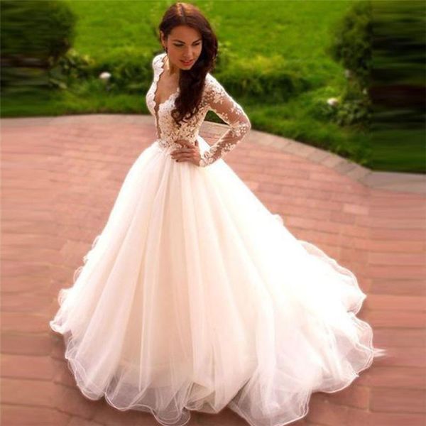spring fashion v-neck long sleeves lace appliques wedding dresses tulle skin net bridal gowns princess long robe de mariage p95, White
spring fashion v-neck long sleeves lace appliques wedding dresses tulle skin net bridal gowns princess long robe de mariage p95, White