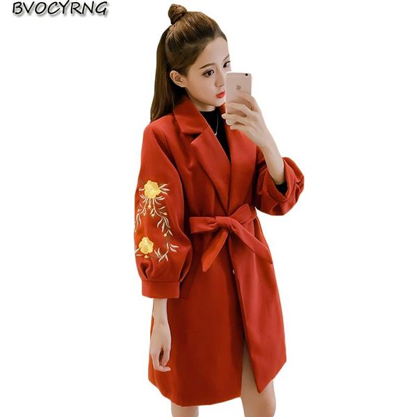 women's wool & blends woolen jacket embroidered women windbreaker autumn winter coat female long loose outerwear with belt slim, Black 
women's wool & blends woolen jacket embroidered women windbreaker autumn winter coat female long loose outerwear with belt slim, Black