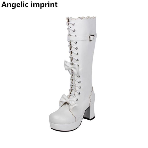 angelic imprint mori girl women motorcycle boots lady lolita boots woman princess high heels pumps dress party shoes 33-47 bow, Black