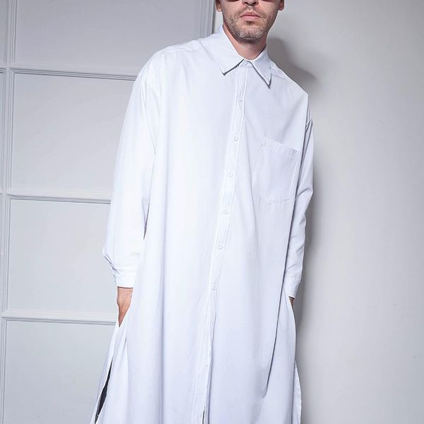 super long men's long-sleeved shirt over the knee long shirt european and american street style loose hip hop personality youth, White;black
super long men's long-sleeved shirt over the knee long shirt european and american street style loose hip hop personality youth, White;black