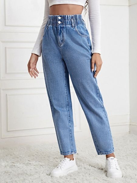 medium wash elastic waist jeans j6w6#, Blue