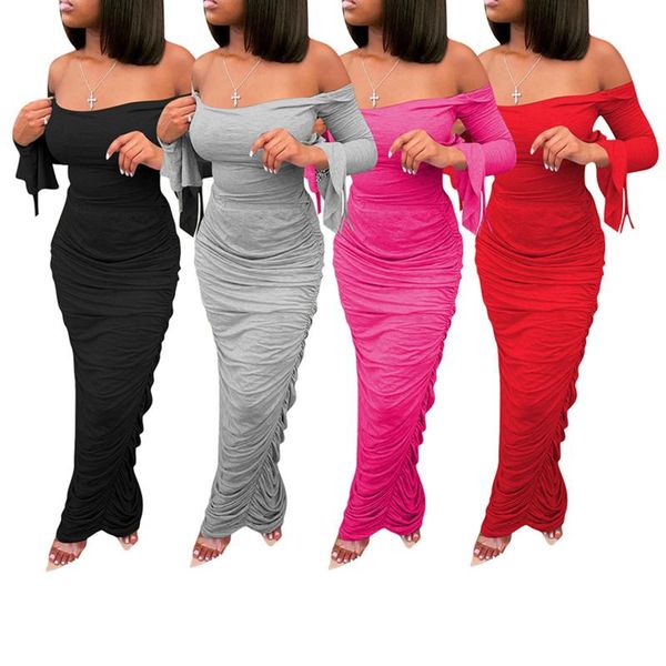 women off shoulder maxi dress 2020 fall winter solid color long flared sleeve bodycon ruched long dress for ladies, Black;gray
women off shoulder maxi dress 2020 fall winter solid color long flared sleeve bodycon ruched long dress for ladies, Black;gray