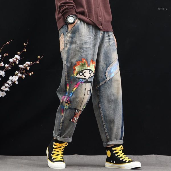cartoon painted patchwork vintage denim jeans woman loose elastic waist washed harem pants spring streetwear trouser 20201, Blue
cartoon painted patchwork vintage denim jeans woman loose elastic waist washed harem pants spring streetwear trouser 20201, Blue
