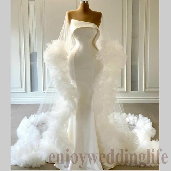 modest satin mermaid wedding dresses with wrap ruffles tulle strapless customize vestido de novia new fashion bohemia birdal dress, White
modest satin mermaid wedding dresses with wrap ruffles tulle strapless customize vestido de novia new fashion bohemia birdal dress, White