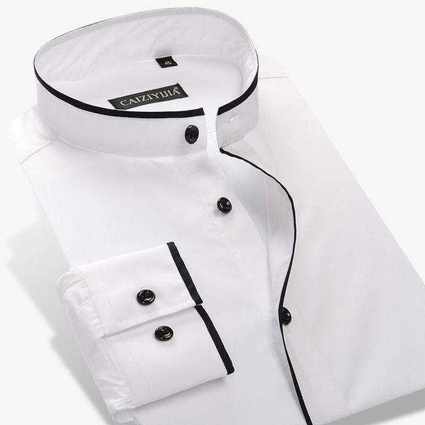 men's dress shirts banded collar (mandarin collar) with black piping pocket-less design casual thin long sleeve standard-fit shirt, White;black
men's dress shirts banded collar (mandarin collar) with black piping pocket-less design casual thin long sleeve standard-fit shirt, White;black