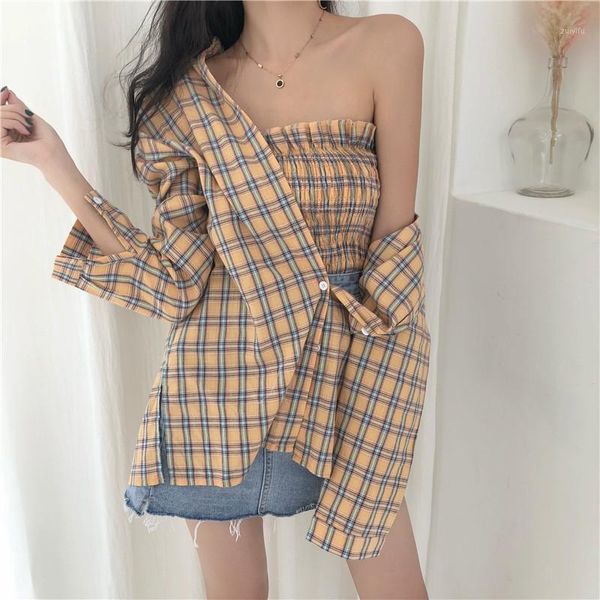 2 pieces set plaid shirt women +tube fashion blouse long sleeve chemise femme chemisier blusa mujer camisa1, White
2 pieces set plaid shirt women +tube fashion blouse long sleeve chemise femme chemisier blusa mujer camisa1, White