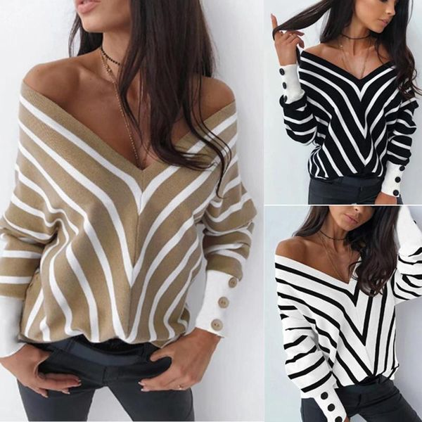 women's sweaters women long sleeve deep v neck stripes patchwork print blouse off shoulder buttons tight knitwear sweater, White;black
women's sweaters women long sleeve deep v neck stripes patchwork print blouse off shoulder buttons tight knitwear sweater, White;black