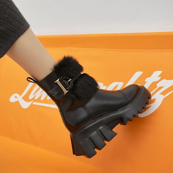 2021 russian selling women's cracked leather+ rabbit skin stuffed winter boots slick-boxed platform shoes 4za2, Black
2021 russian selling women's cracked leather+ rabbit skin stuffed winter boots slick-boxed platform shoes 4za2, Black