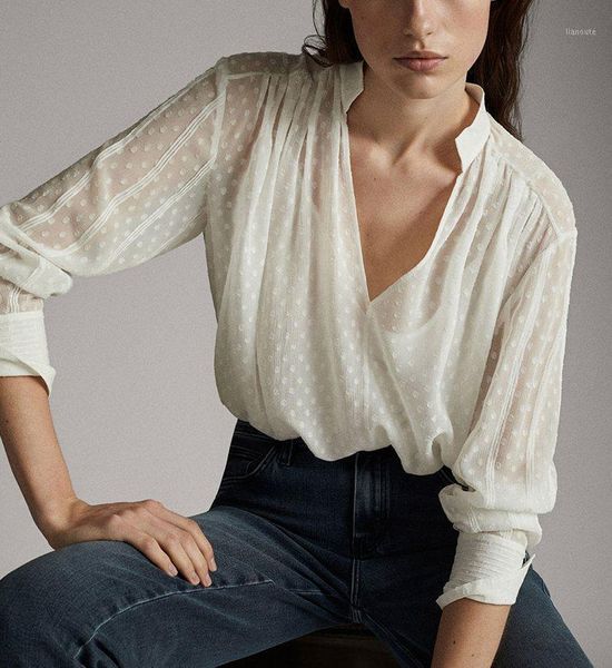 women shirt v-neck polka dot chiffon shirt polka dot tulle women's long sleeve1, White
women shirt v-neck polka dot chiffon shirt polka dot tulle women's long sleeve1, White