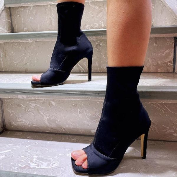 summer women high heels shoes peep toe sandals boots black elastic fabric stiletto platform ladies ankle boots botas mujer 
summer women high heels shoes peep toe sandals boots black elastic fabric stiletto platform ladies ankle boots botas mujer