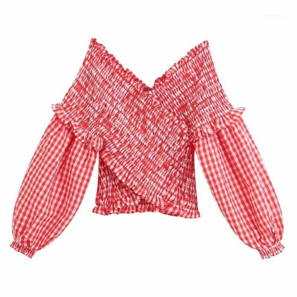 women's blouses & shirts summer women red plaid elastic short smock blouse lantern sleeve agaric lace slim femininas 1, White
women's blouses & shirts summer women red plaid elastic short smock blouse lantern sleeve agaric lace slim femininas 1, White