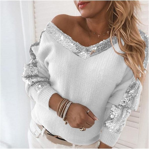 elegant off shoulder v neck autumn sweaters vintage sequin patchwork knitted sweater 2020 casual women long sleeve pullover lj201112, White;black
elegant off shoulder v neck autumn sweaters vintage sequin patchwork knitted sweater 2020 casual women long sleeve pullover lj201112, White;black