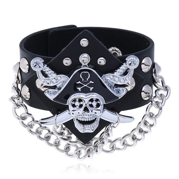 punk rock skeleton skull pirate chain link charm leather wide bracelet bangle black color goth sword cross leather, Golden;silver
punk rock skeleton skull pirate chain link charm leather wide bracelet bangle black color goth sword cross leather, Golden;silver