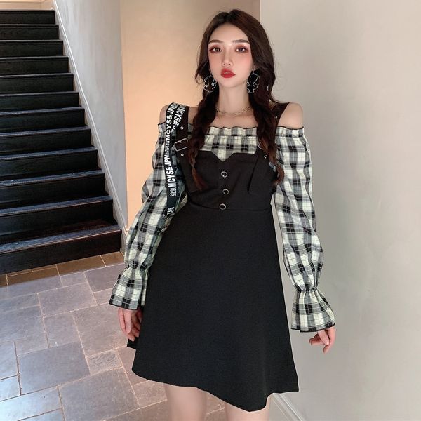 k2cdf long sleeve net red temperament suit two piece shirt set of foreign style reduced age t0u autumn plaid shirt black belt skirt for wome, Gray
k2cdf long sleeve net red temperament suit two piece shirt set of foreign style reduced age t0u autumn plaid shirt black belt skirt for wome, Gray