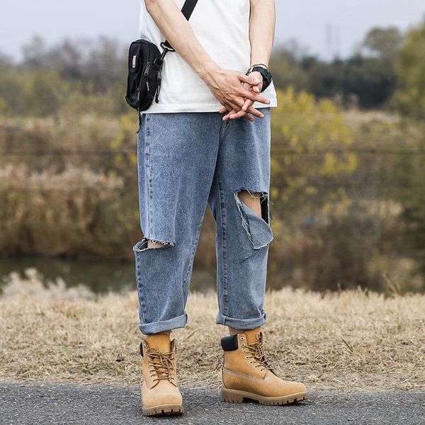 men broken hole loose casual straight jeans male retro fashion streetwear hip hop ankle-length denim pants trousers high street1, Blue
men broken hole loose casual straight jeans male retro fashion streetwear hip hop ankle-length denim pants trousers high street1, Blue
