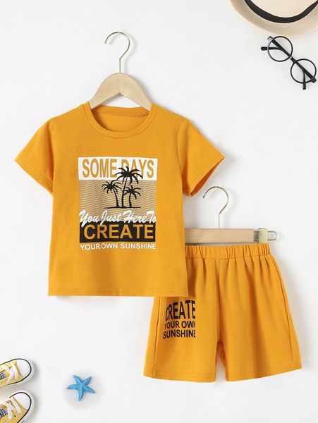 toddler boys slogan & palm tree print tee & track shorts she, White