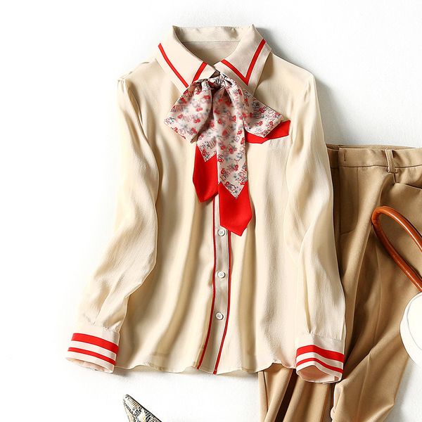 2021 spring long sleeve lapel neck contrast color natural silk ribbon tie bow panelled single-breasted soie blouse elegant shirts wd28291, White
2021 spring long sleeve lapel neck contrast color natural silk ribbon tie bow panelled single-breasted soie blouse elegant shirts wd28291, White