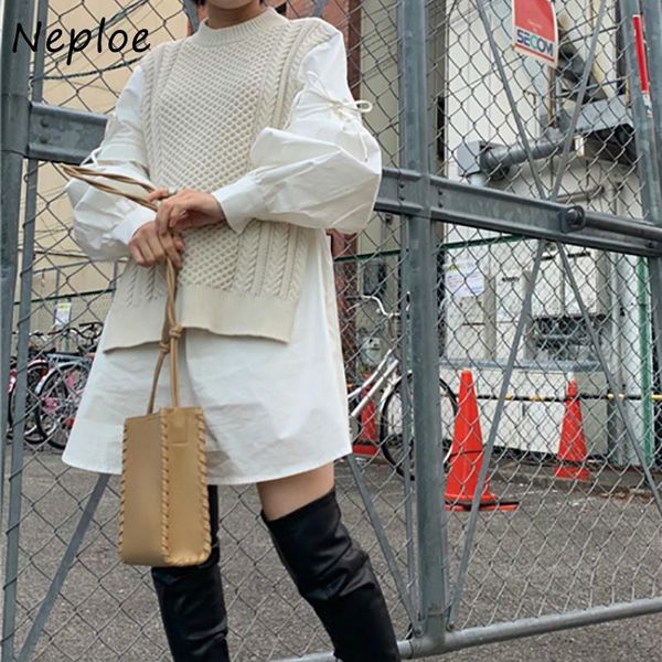 neploe chic fake two piece dresses women o-neck drawstring slim waist flare sleeve dress autumn knitted vest patchwork vestidos, Black;gray
neploe chic fake two piece dresses women o-neck drawstring slim waist flare sleeve dress autumn knitted vest patchwork vestidos, Black;gray