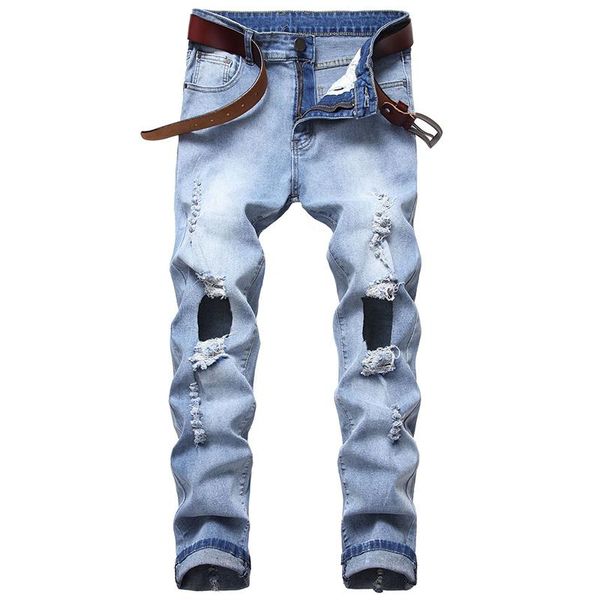 men's jeans big ragged slim fit men tight-fitting casual denim hole ruined trousers elastic ripped feet, Blue
men's jeans big ragged slim fit men tight-fitting casual denim hole ruined trousers elastic ripped feet, Blue