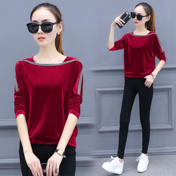 2019 autumn and winter new coat t-shirt korean style one-line collar bat sleeve elegant loose slimming gold velvet all-match t-shirt, White
2019 autumn and winter new coat t-shirt korean style one-line collar bat sleeve elegant loose slimming gold velvet all-match t-shirt, White