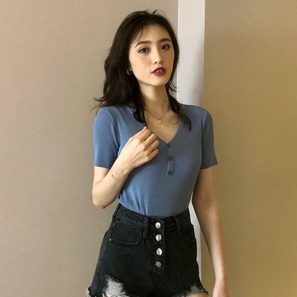 women casual knitted t-shirt solid color v neck slim pullover buttons short sleeve t shirt summer top, White
women casual knitted t-shirt solid color v neck slim pullover buttons short sleeve t shirt summer top, White
