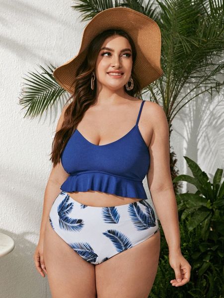 plus palm leaf print ruffle hem bikini swimsuit j3my#, Black 
plus palm leaf print ruffle hem bikini swimsuit j3my#, Black