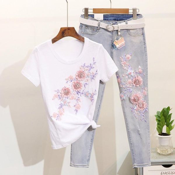 2 piece set women sequined beaded embroideried 3d flower cotton t-shirt +ripped jeans sets summer clothing casual jean suits1, White
2 piece set women sequined beaded embroideried 3d flower cotton t-shirt +ripped jeans sets summer clothing casual jean suits1, White
