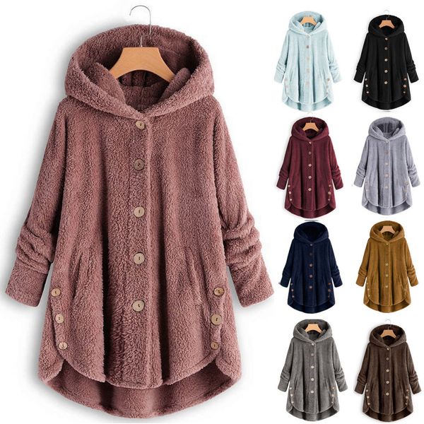 women plus size button plush hooded loose cardigan wool coat winter jacket 2020 hoodie lj201128, Black
women plus size button plush hooded loose cardigan wool coat winter jacket 2020 hoodie lj201128, Black