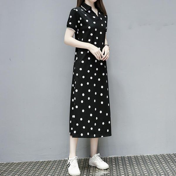 women polo t shirt dress polka dot print 2021 natural summer fashion short sleeve korean casual long plus size dresses for woman, Black;gray
women polo t shirt dress polka dot print 2021 natural summer fashion short sleeve korean casual long plus size dresses for woman, Black;gray