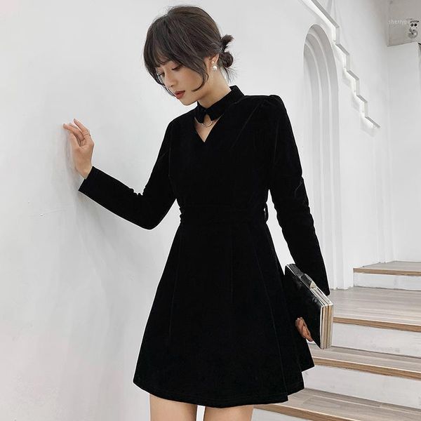 spring dress black velvet long sleeve vintage elegant party korean women dresses slim bodycon bandage mini aline clothes1, Black;gray
spring dress black velvet long sleeve vintage elegant party korean women dresses slim bodycon bandage mini aline clothes1, Black;gray