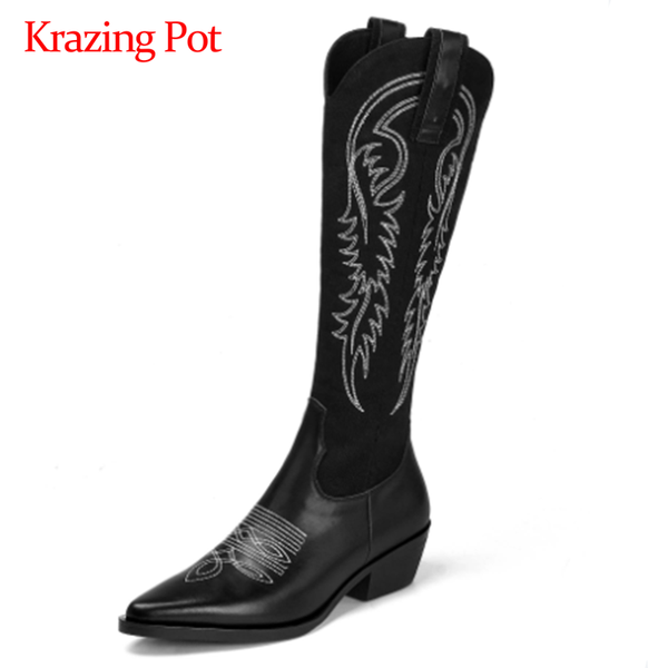 krazing pot embroidery real cow leather chinese style british pointed toe thick med heel zipper retro dress knee-high boots l26, Black
krazing pot embroidery real cow leather chinese style british pointed toe thick med heel zipper retro dress knee-high boots l26, Black
