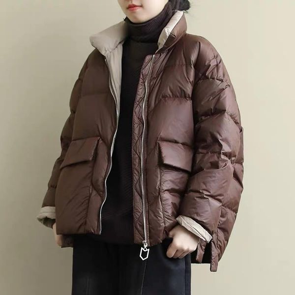 new women white duck down jacket winter stand collar loose down coat female warm short snow outwear, Black
new women white duck down jacket winter stand collar loose down coat female warm short snow outwear, Black