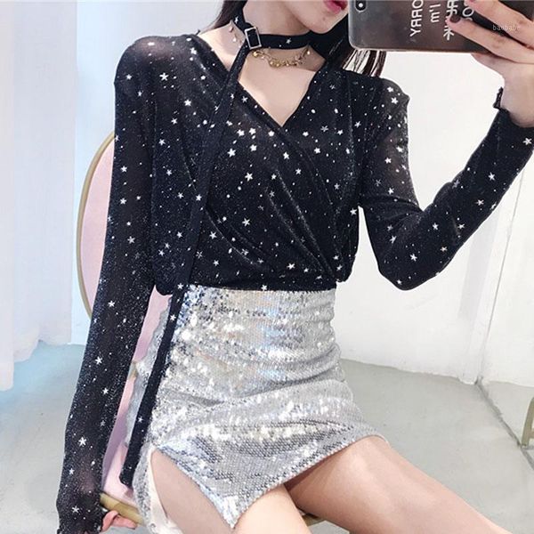 chiffon shirt cross deep v-neck micro-transparent stars printed blouses long sleeved high waist with choker 2018 spring1, White
chiffon shirt cross deep v-neck micro-transparent stars printed blouses long sleeved high waist with choker 2018 spring1, White