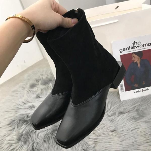 square toe patchwork sock boots stretch flock slip-on thick heel riding knight boots leather non-slip women bottes1, Black
square toe patchwork sock boots stretch flock slip-on thick heel riding knight boots leather non-slip women bottes1, Black