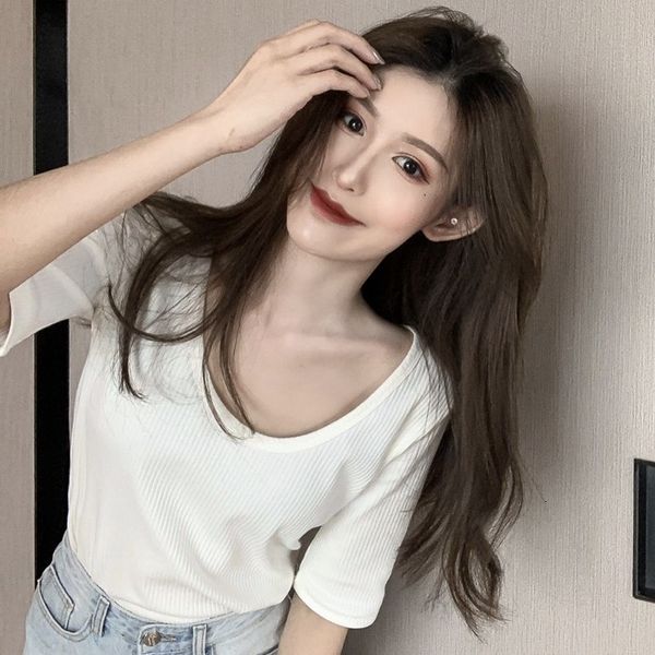 new simple and versatile thread bottomed shirt in summer 2020 solid color short sleeve loose u-neck t-shirt for women
new simple and versatile thread bottomed shirt in summer 2020 solid color short sleeve loose u-neck t-shirt for women