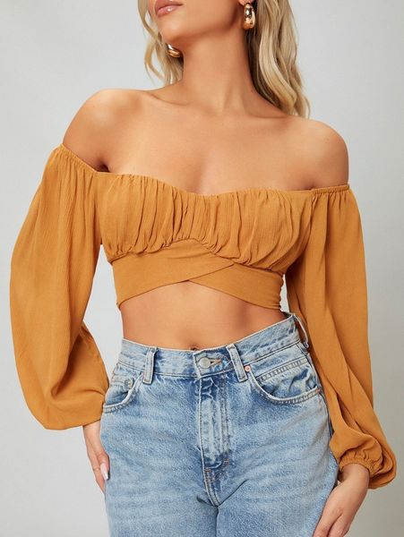 off-the-shoulder peasant sleeve self-tie crop d2xx#, White