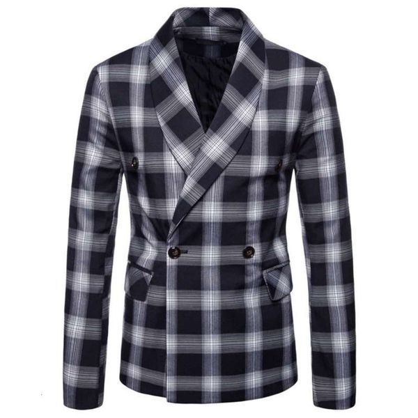 casual autumn green new slim youth men's fruit collar plaid double breasted suit, White;black
casual autumn green new slim youth men's fruit collar plaid double breasted suit, White;black