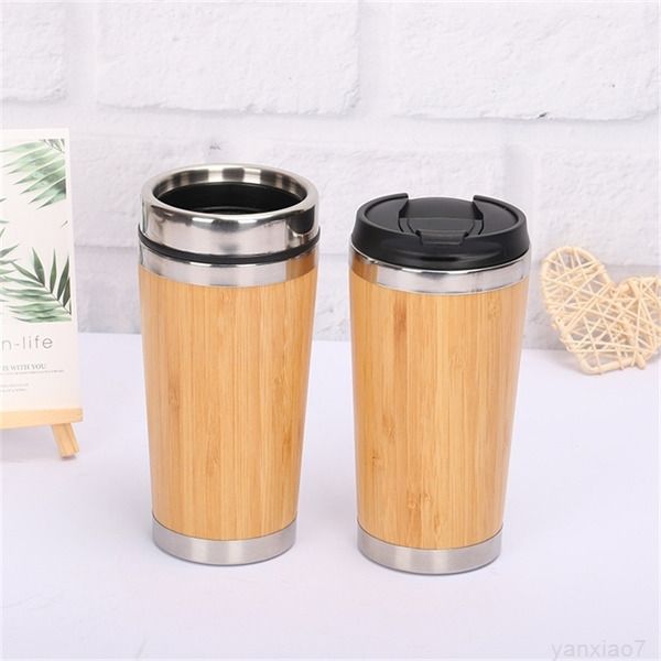 

450ml bamboo eco friendly tumblers 304 stainless steel inner water bottle travel mugs cups reuseable for coffee tea a05