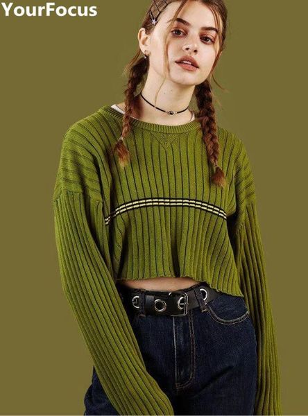 women's sweaters 2021 harajuku vintage green striped crop long sleeve sweater yq-509, White;black
women's sweaters 2021 harajuku vintage green striped crop long sleeve sweater yq-509, White;black