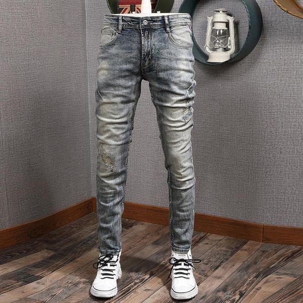 men's jeans italian style fashion men slim fit elastic ripped retro wash autumn ly vintage designer denim pants, Blue
men's jeans italian style fashion men slim fit elastic ripped retro wash autumn ly vintage designer denim pants, Blue
