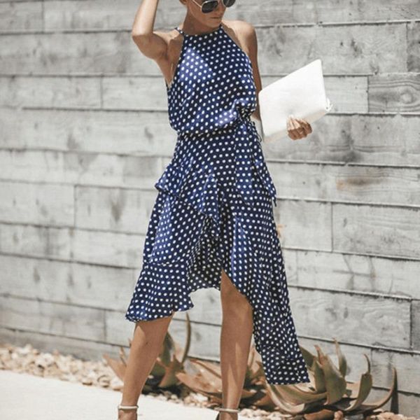 dress 2020 polka dot print halter lacing up irregular ruffles dot dress vestidos de fiesta drop shipping, Black;gray 
dress 2020 polka dot print halter lacing up irregular ruffles dot dress vestidos de fiesta drop shipping, Black;gray