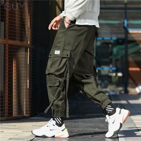 men's pants ribbons casual multi pockets cargo for men trousers male drawstring fashion joggers hip hop streetwear pencil, Black