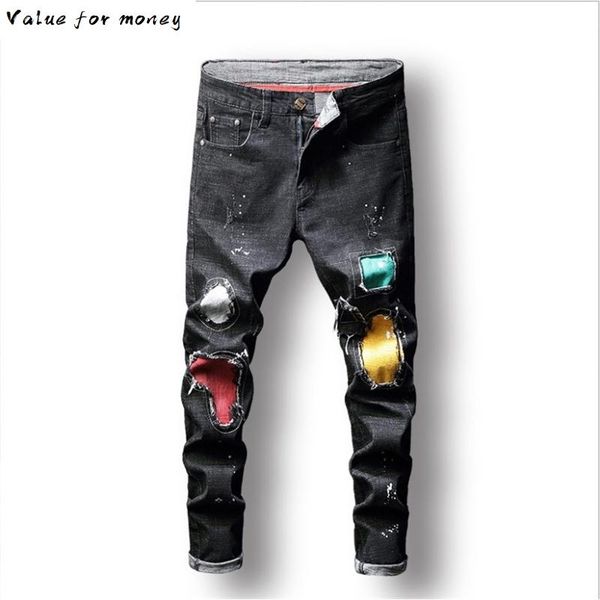 men's colored trendy patchwork painted stretch jeans fashion skinny pencil pants, Blue
men's colored trendy patchwork painted stretch jeans fashion skinny pencil pants, Blue