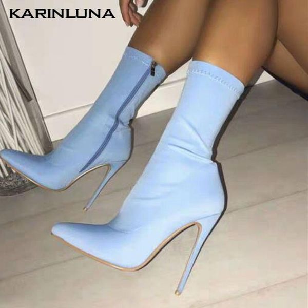 boots karin 2021 arrival women shoes stretch fabric pointed toe thin high heels 11 cm ankle, Black
