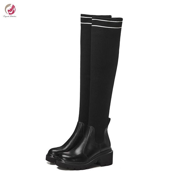 original intention new stylish sock boots knee high boots black stripes chunky heels round toe genuine leather shoes woman sexy
original intention new stylish sock boots knee high boots black stripes chunky heels round toe genuine leather shoes woman sexy