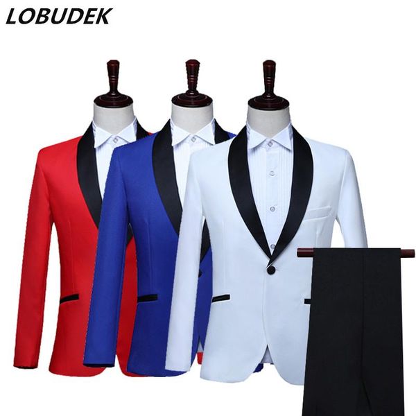 men solid blue red white wedding suits shawl collar blazer pants 2 pieces singer host chorus bar stage set compere tuxedo outfit, White;black
men solid blue red white wedding suits shawl collar blazer pants 2 pieces singer host chorus bar stage set compere tuxedo outfit, White;black