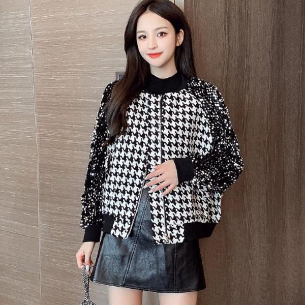 heavy industry stitching sequins woolen jacket women's jacket baseball uniform fashionable thousand bird grid thickening, Black
heavy industry stitching sequins woolen jacket women's jacket baseball uniform fashionable thousand bird grid thickening, Black